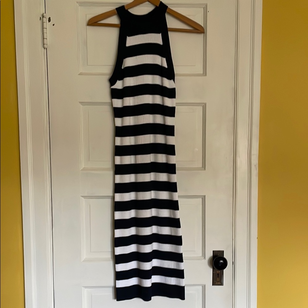 Navy & white striped sleeveless rib-knit midi dress